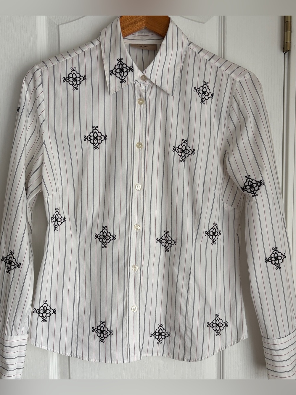 Vintage Y2K i.e. Embroidered Pinstripe Button Up Shirt 100% Cotton Size 10